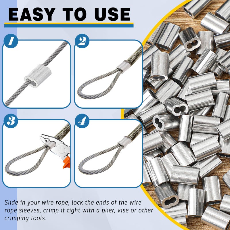 Yaocom 500 Pcs 1/16"" Aluminum Crimping Loop Sleeve Cable Crimp Ferrules Wire Rope Sleeves for 1/16"" Diameter Wire Rope and Cable Line Ends - Image 4